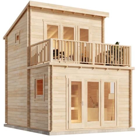 Alpholz Garten-und Freizeithaus Manhattan Blockhaus aus Holz, Holzhaus mit 44 mm Wandstärke inklusive Terrasse inklusive Schlafboden, Blockbohlenhaus mit Montagematerial Naturbelassen