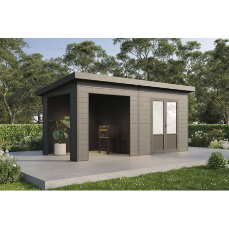 Wolff Finnhaus WPC Gerätehaus Tona 5024 28 Anthrazit Gerätehaus aus Holz/Kunststoff in Anthrazitgrau, Geräteschrank mit 28 mm Wandstärke inklusive Schleppdach Gartenhaus