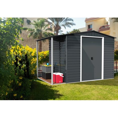 DURAMAX Metall-Gerätehaus Alpine 2,4x1,8m mit Anbau Gerätehaus aus Metall in Anthrazitgrau, Geräteschrank mit 0,31 mm Wandstärke Gartenhaus