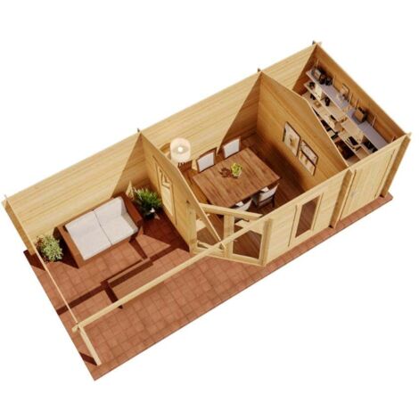 Alpholz 5-Eck Gartenhaus Liwa mit Anbau Gartenhaus aus Holz in Pinie, Holzhaus mit 40 mm Wandstärke inklusive Terrasse, Blockbohlenhaus mit Montagematerial