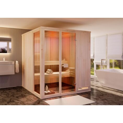 FinnTherm Innensauna Oda Innensauna 2 Sitzbänke aus Holz, Saunakabine mit 40 mm Wandstärke, Dampfsauna mit Montagematerial Naturbelassen