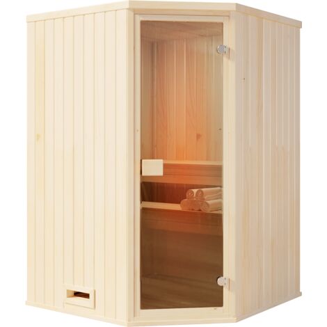 FinnTherm Innensauna Corner Innensauna 1 Sitzbänke aus Holz, Saunakabine mit 40 mm Wandstärke, Dampfsauna mit Montagematerial Naturbelassen