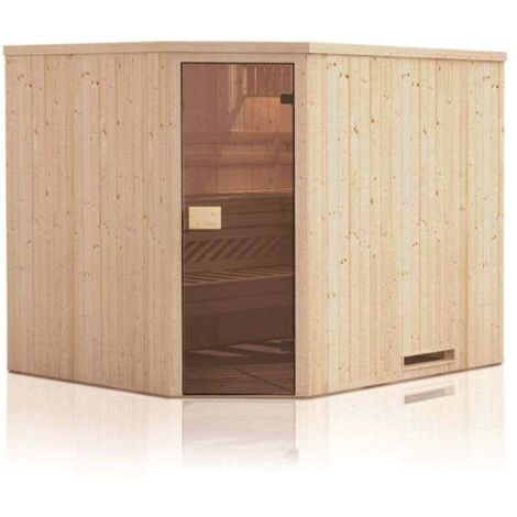 FinnTherm Innensauna Corner Innensauna 1 Sitzbänke aus Holz, Saunakabine mit 40 mm Wandstärke, Dampfsauna mit Montagematerial Naturbelassen