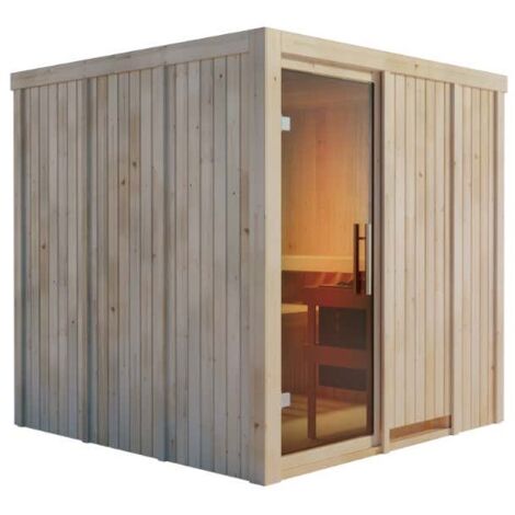 Karibu Sauna Rodin mit Fronteinstieg Innensauna 3 Sitzbänke aus Holz , Saunakabine mit 68 mm Wandstärke Dampfsauna Naturbelassen