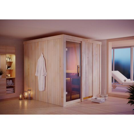 Karibu Sauna Rodin mit Fronteinstieg Innensauna 3 Sitzbänke aus Holz , Saunakabine mit 68 mm Wandstärke Dampfsauna Naturbelassen