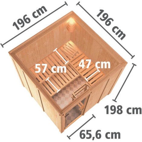 Karibu Sauna Rodin mit Fronteinstieg Innensauna 3 Sitzbänke aus Holz , Saunakabine mit 68 mm Wandstärke Dampfsauna Naturbelassen