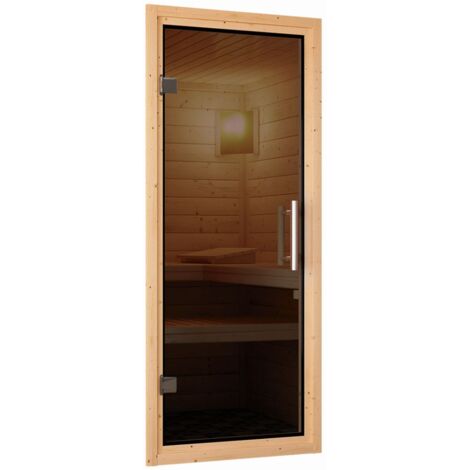 Karibu Sauna Rodin mit Fronteinstieg Innensauna 3 Sitzbänke aus Holz , Saunakabine mit 68 mm Wandstärke Dampfsauna Naturbelassen