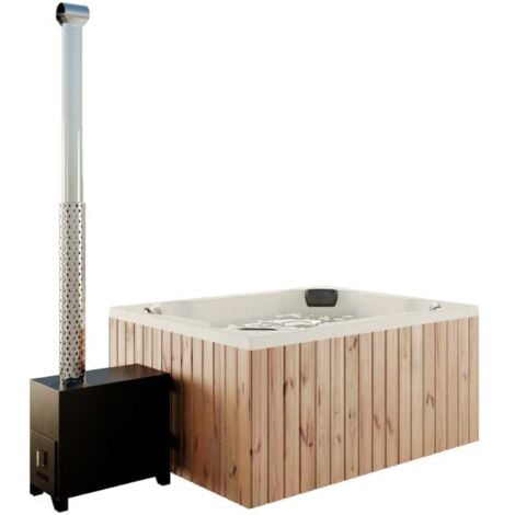 FINNTHERM Badefass Oslo aus Thermoholz, Badebottich, Hot Tub mit Holzofen, Schwimmbecken, Jacuzzi outdoor, beheizbar, 170 x 200 cm, Acryleinsatz Perlweiß (RAL 1013)