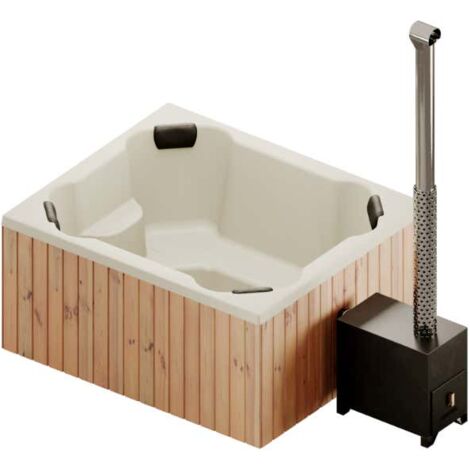 FINNTHERM Badefass Oslo aus Thermoholz, Badebottich, Hot Tub mit Holzofen, Schwimmbecken, Jacuzzi outdoor, beheizbar, 170 x 200 cm, Acryleinsatz Perlweiß (RAL 1013)