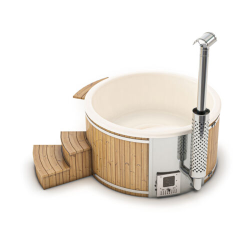 FINNTHERM Badefass Stockholm aus Thermoholz, Badebottich, Hot Tub mit Holzofen, Schwimmbecken, Jacuzzi outdoor, inkl. Minibar, beheizbar, Ø 180 cm , Anthrazit