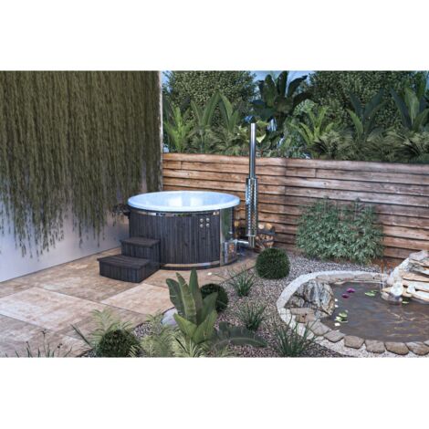 FINNTHERM Badefass Stockholm aus Thermoholz, Badebottich Ø 200 cm, Hot Tub mit Holzofen, Whirlpool, Schwimmbecken, Jacuzzi outdoor, inkl. Minibar beheizbar