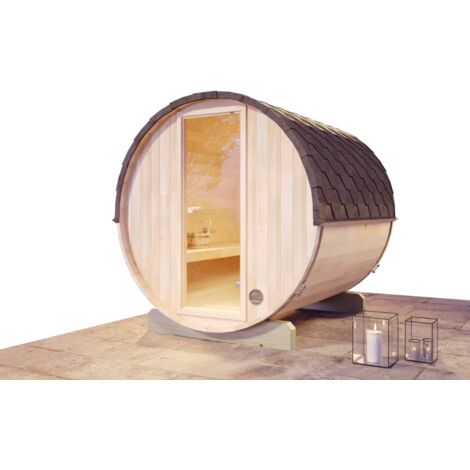 FinnTherm Fasssauna Mini S Fasssauna 2 Sitzbänke aus Holz, Sauna mit 42 mm Wandstärke, Außensauna mit Montagematerial Naturbelassen