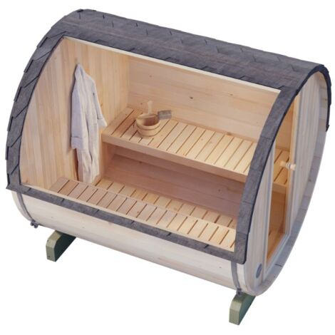 FinnTherm Fasssauna Mini S Fasssauna 2 Sitzbänke aus Holz, Sauna mit 42 mm Wandstärke, Außensauna mit Montagematerial Naturbelassen