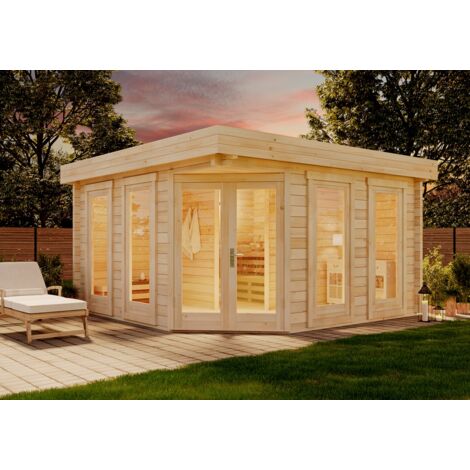 FinnTherm 5-Eck Saunahaus Magnus-70 Gartensauna 3 Sitzbänke aus Holz, Sauna mit 70 mm Wandstärke, Außensauna mit Montagematerial