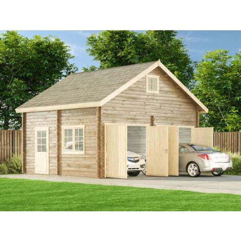 Alpholz Doppelgarage Modell Bora-70 ISO Garage aus Holz, Unterstellplatz mit 70 mm Wandstärke inklusive Geräteraum Fertiggarage