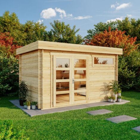 Gartenhaus Leandro-28 mit Fußboden aus Holz, Gerätehaus 394x268, 8,5 m², 28 mm Wandstärke - Naturbelassen