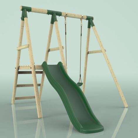 REBO Kinderschaukel mit Rutsche, Outdoor Schaukelgerüst Holz