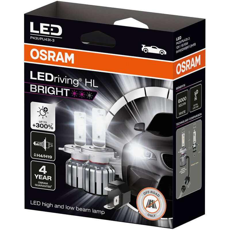 2X LAMPADINE H4 OSRAM LEDRIVING HL BRIGHT LED 12V 15/15W P43t