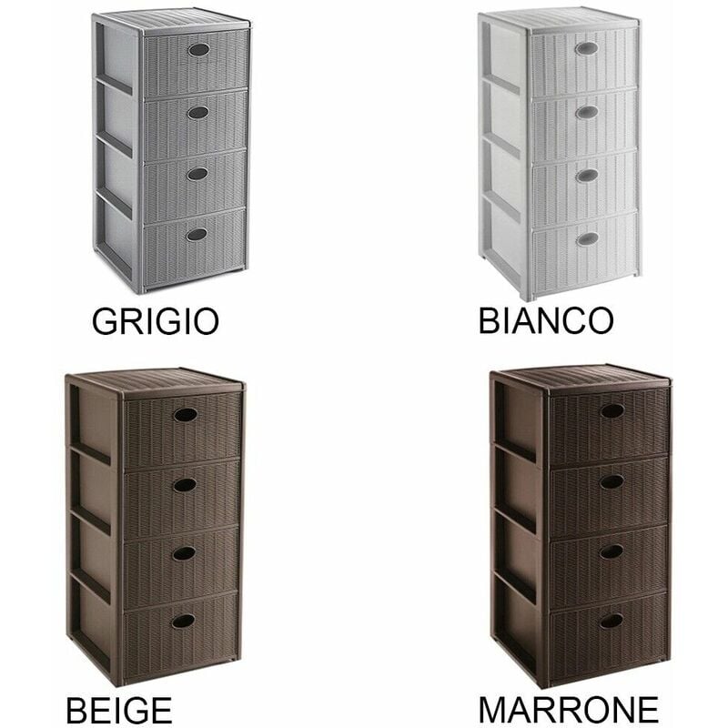 Cassettiera stretta con 4 cassetti in legno e vimini bianco e marrone