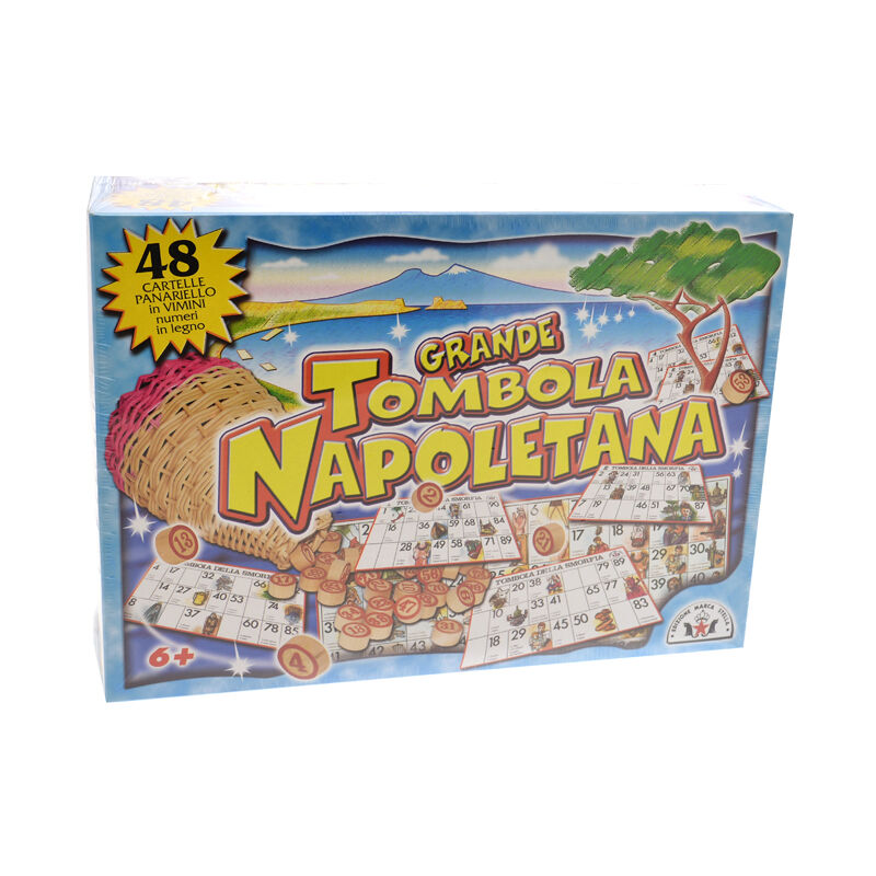 Tombola Napoletana Classica Con Panariello In Vimini, 48 Cartelle, Numeri In Legno, Smorfia, + Carte Mercante In Fiera, Made In Italy