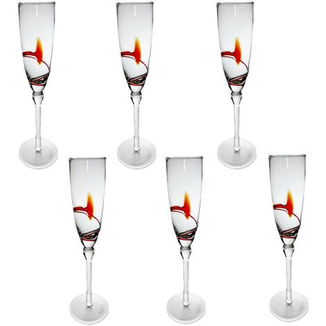 Set 6 Bicchiere da fluite calice con piede lungo per prosecco cocktail liquore filo rosso in cristallo idea regalo