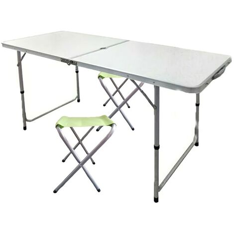 Set Campeggio Con Tavolo In Alluminio Pieghevole A Valigetta E 4 Sgabelli, Blu, Con Foro Ombrellone, Misura 121x61x70 Cm, Per Picnic E Gite
