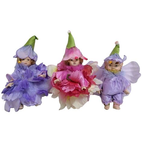 bambola di porcellana-set da 3 statue per collezione-bambina folletto elfo fiori natura vestito in tulle raso made in italy (1/5)