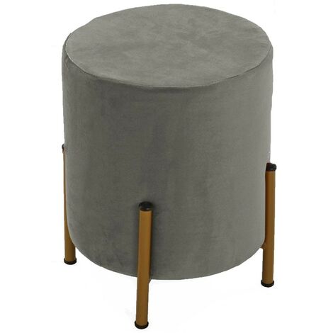 Pouf poggiapiedi in velluto sgabello rotondo grigio per arredo casa soggiorno con piedi in metallo