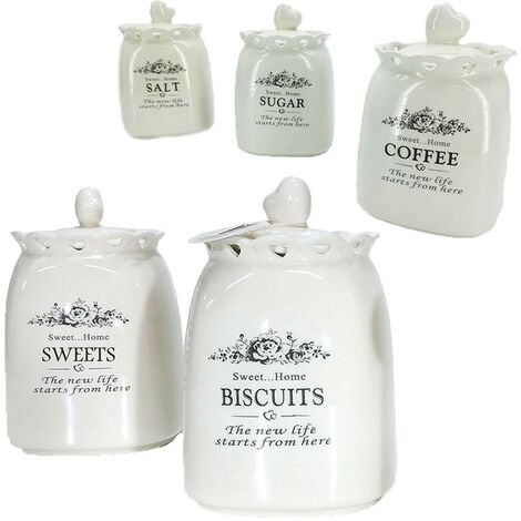 Barattoli contenitori porta dolci biscotti sale zucchero caffè bianco set  da 5 decoro cuore per casa
