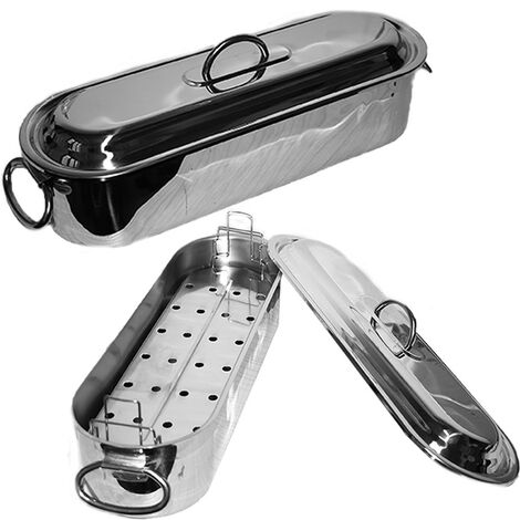 Pesciera con griglia coperchio cuoci pesce becchetti acciaio inox 18/10 manici reclinabili casseruola pentola ovale per cucina (1/5)