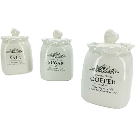 Tris barattoli bianco contenitori porta sale zucchero caffè spezie decoro  cuore per casa cucina in ceramica moderno