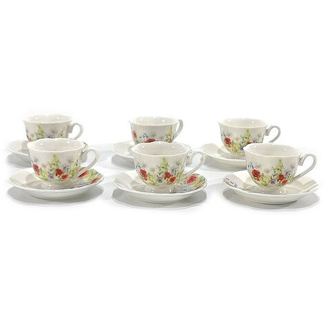 Tazzine Caffè servizio da 6 tazze con piattini in ceramica decoro floreale 80 ml per microonde lavabili in lavastoviglie