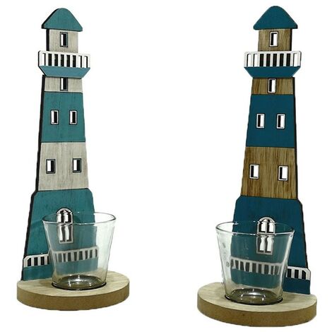 Faro portacandela tea light addobbi decorazioni per casa al mare lidi stabilimenti balneari pub ristoranti set da 2 in legno (1/5)
