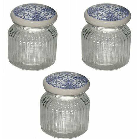 Tris barattoli contenitori porta sale zucchero caffè in blu per casa cucina  vetro con tappo ceramica
