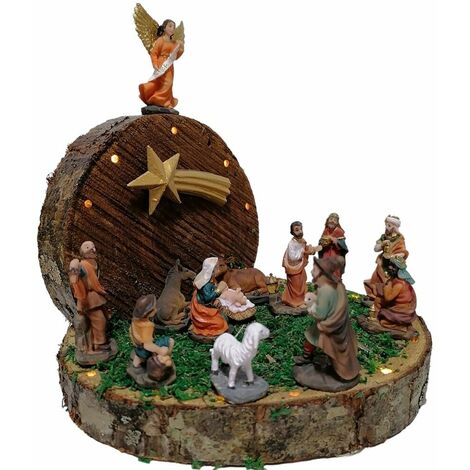 Grotta su tronco di natale con pastori luci natività sacra famiglia presepe casa addobbi Capanna decorazioni albero idea regalo - decoro: Capanna con luci stella e natività