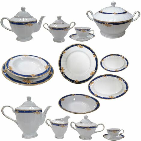 Servizio di piatti porcellana fiore filo oro blu tazze tè tazzine caffè teiera lattiera zuppiera-Set caffettiera + zuccheriera - Set tavola porcellana: Set 6 tazzine caffè con piattini