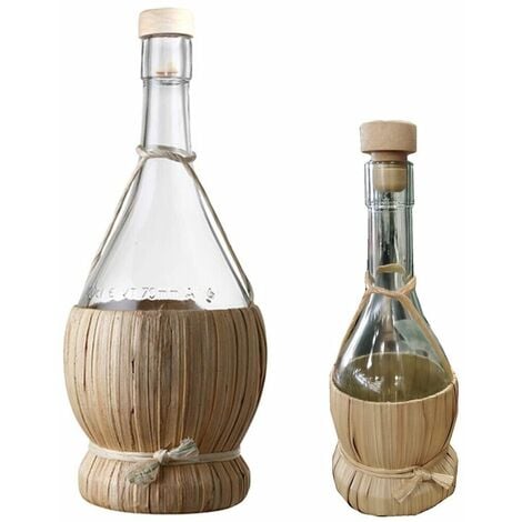 Bottiglia in vetro impagliata fiasco da cantina per vino da tavola 2 pezzi  casa particolare elegante