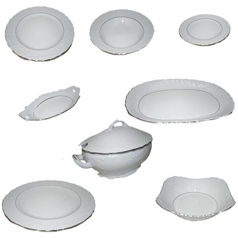 Servizio di piatti in porcellana bianca filo argento tazze tè tazzine caffè caffettiera teiera lattiera zuccheriera zuppiera - Set tavola porcellana: Set 18 piatti per 6 post. tav.