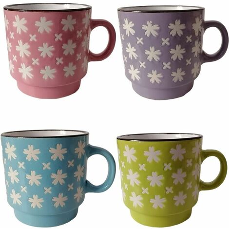 Tazza da latte per colazione tazzone con FIORI bianchi set da 2 cucina idea regalo in ceramica eleganti particolari - colorigenerali: CELESTE (1/5)