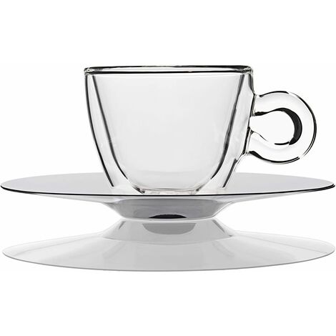 Set 2 Tazzine Espresso Doppia Parete in Vetro thermica Piattino in Acciaio Inox Bormioli Luigi cl 6,5 Design Moderno Professionale in Vetro Borosilicato termoresistente