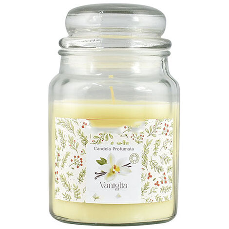 Candela profumata alla vaniglia con barattolo e coperchio in vetro gr 510 h16 cera estratti naturali durata 26 ore idea regalo (1/3)