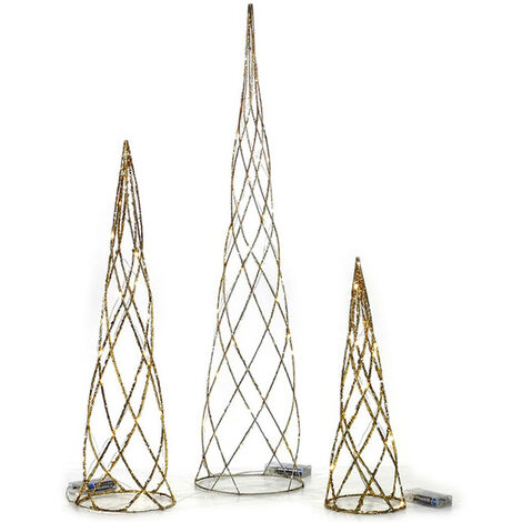 Coni oro con luci led bianco caldo set 3 mini alberi di natale addobbi decorazioni natalizi casa (1/2)