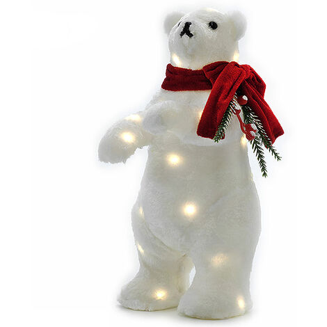 Orso Polare bianco luminoso 25 luci led pelliccioso con sciarpa decorazioni  addobbi natalizi H30 cm