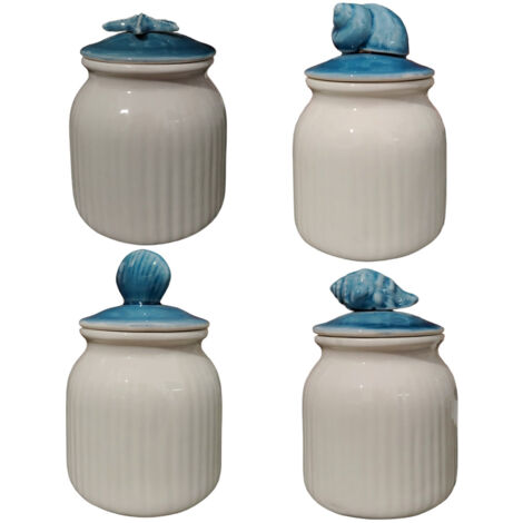 Poker barattoli bianco in ceramica con decori marini set 4 contenitori porta sale zucchero caffè spezie per casa cucina