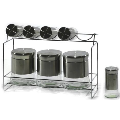Set 8 barattoli porta sale zucchero caffè contenitori spezie con stand acciaio salvaspazio in cucina eleganti e moderni