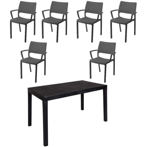 Set 6 Sedia con braccioli e tavolo da giardino in resina antracite effetto legno per interno esterno bar pub ristorante terrazza (1/5)