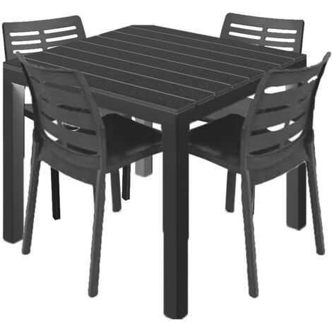 Tavolo con 4 sedie in resina antracite effetto legno da giardino bar pub ristorante balcone terrazza interno esterno (1/5)