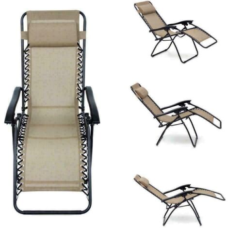 Sedia da mare beige sdraio poltrona con cuscino per relax pieghevole salvaspazio reclinabile spiaggia piscina esterno (1/5)