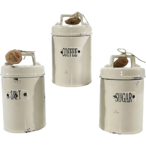 Set 3 Barattoli in Ceramica Vintage posta sale zucchero cafféda cucina Ermetici con Scritta salt coffee sugar cl 60