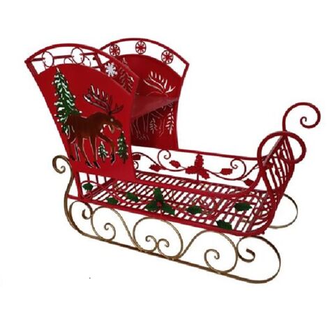 Slitta rossa di Babbo Natale grande in Metallo cm 120 con Agrifogli e Renne alberi regali doni ai bambini allestimenti decorazioni natalizi